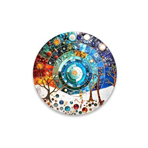 Mevsimler Soyut Yuvarlak Cam Tablo | Hediyelik, Dekoratif, Ofis, Mutfak 60x60 cm
