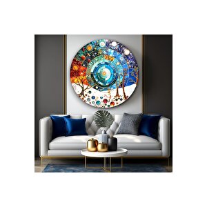 Mevsimler Soyut Yuvarlak Cam Tablo | Hediyelik, Dekoratif, Ofis, Mutfak 60x60 cm
