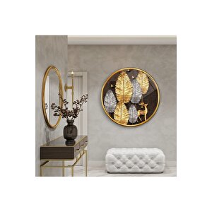 Gold Yapraklar Yuvarlak Cam Tablo | Hediyelik, Dekoratif, Ofis, Mutfak