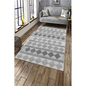Makinede Yıkanabilir Leke Tutmaz  gri Deko Deri Kaymaz Taban Etnik Salon Saçaksız Halı A284 100x300 cm