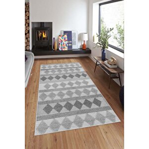 Makinede Yıkanabilir Leke Tutmaz  gri Deko Deri Kaymaz Taban Etnik Salon Saçaksız Halı A284 80x300 cm