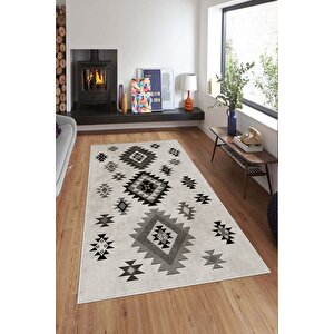 Makinede Yıkanabilir Leke Tutmaz  bej-gri Deko Deri Kaymaz Taban Modern Salon Saçaksız Halı A134 100x200 cm