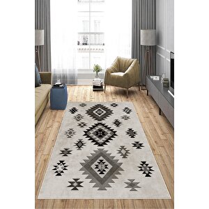 Makinede Yıkanabilir Leke Tutmaz  bej-gri Deko Deri Kaymaz Taban Modern Salon Saçaksız Halı A134