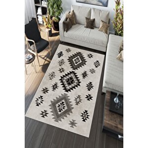 Makinede Yıkanabilir Leke Tutmaz  bej-gri Deko Deri Kaymaz Taban Modern Salon Saçaksız Halı A134