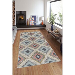 Makinede Yıkanabilir Leke Tutmaz  multi Deko Deri Kaymaz Taban Etnik Salon Saçaksız Halı A269 80x300 cm