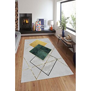 Makinede Yıkanabilir Leke Tutmaz  yeşil-gri Deko Deri Kaymaz Taban Tasarım Salon Saçaksız Halı A255 200x300 cm
