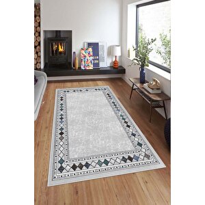 Makinede Yıkanabilir Leke Tutmaz  multi Deko Deri Kaymaz Taban Etnik Çerçeve Salon Saçaksız Halı A295 80x150 cm