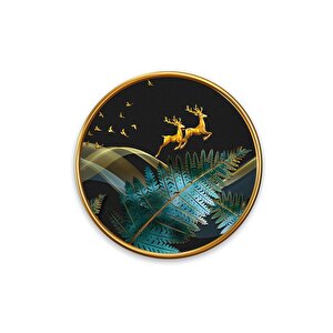 Gold Geyikler Yuvarlak Cam Tablo | Hediyelik, Dekoratif, Ofis, Mutfak 50x50 cm
