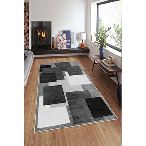 Makinede Yıkanabilir Leke Tutmaz  gri Deko Deri Kaymaz Taban Simetrik Salon Saçaksız Halı A236 80x200 cm