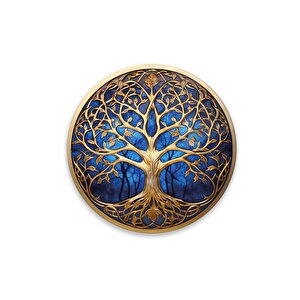 Mavi Gold Hayat Ağacı Yuvarlak Cam Tablo | Hediyelik, Dekoratif, Ofis, Mutfak 30x30 cm