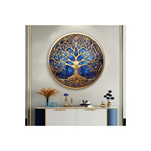 Mavi Gold Hayat Ağacı Yuvarlak Cam Tablo | Hediyelik, Dekoratif, Ofis, Mutfak 30x30 cm