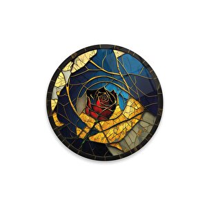 Gül Vitray Yuvarlak Cam Tablo | Hediyelik, Dekoratif, Ofis, Mutfak 50x50 cm