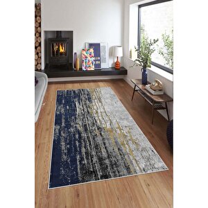 Makinede Yıkanabilir Leke Tutmaz  lacivert Deko Deri Kaymaz Taban Modern Salon Saçaksız Halı A157 100x200 cm