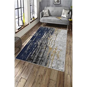 Makinede Yıkanabilir Leke Tutmaz  lacivert Deko Deri Kaymaz Taban Modern Salon Saçaksız Halı A157 80x200 cm
