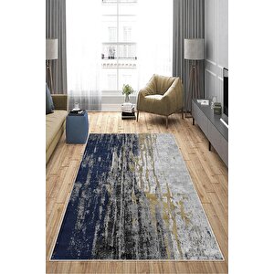 Makinede Yıkanabilir Leke Tutmaz  lacivert Deko Deri Kaymaz Taban Modern Salon Saçaksız Halı A157