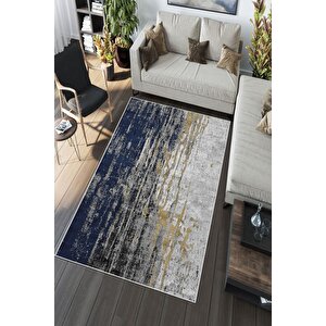 Makinede Yıkanabilir Leke Tutmaz  lacivert Deko Deri Kaymaz Taban Modern Salon Saçaksız Halı A157
