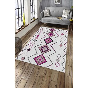 Makinede Yıkanabilir Leke Tutmaz  pembe Deko Deri Kaymaz Taban Etnik Salon Saçaksız Halı A292 80x300 cm