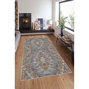 Makinede Yıkanabilir Leke Tutmaz  kahverengi Deko Deri Kaymaz Taban Modern Salon Saçaksız Halı A129 80x300 cm