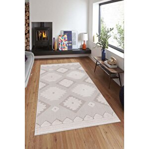 Makinede Yıkanabilir Leke Tutmaz  pudra Deko Deri Kaymaz Taban Etnik Salon Saçaksız Halı A286 200x300 cm