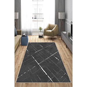 Makinede Yıkanabilir Leke Tutmaz  antrasit Deko Deri Kaymaz Taban Modern Salon Saçaksız Halı A167 100x300 cm
