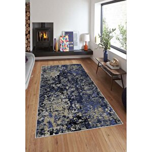 Makinede Yıkanabilir Leke Tutmaz  lacivert Deko Deri Kaymaz Taban Simetrik Salon Saçaksız Halı A248 100x200 cm