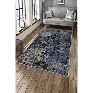 Makinede Yıkanabilir Leke Tutmaz  lacivert Deko Deri Kaymaz Taban Simetrik Salon Saçaksız Halı A248 100x300 cm