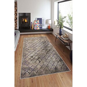 Makinede Yıkanabilir Leke Tutmaz  lila Deko Deri Kaymaz Taban Vintage Salon Saçaksız Halı A127 100x200 cm