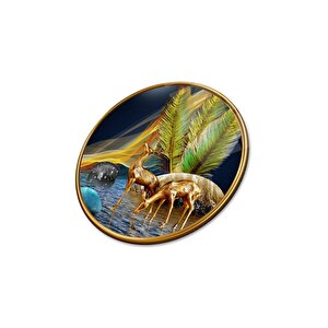 Gold Geyikler Yuvarlak Cam Tablo | Hediyelik, Dekoratif, Ofis, Mutfak 50x50 cm
