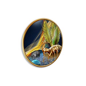 Gold Geyikler Yuvarlak Cam Tablo | Hediyelik, Dekoratif, Ofis, Mutfak 30x30 cm