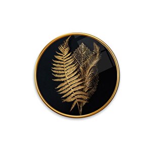 Gold Yapraklar Yuvarlak Cam Tablo | Hediyelik, Dekoratif, Ofis, Mutfak 50x50 cm