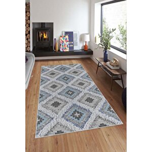 Makinede Yıkanabilir Leke Tutmaz  mavi-gri Deko Deri Kaymaz Taban Etnik Salon Saçaksız Halı A267 80x300 cm