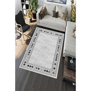 Makinede Yıkanabilir Leke Tutmaz  gri Deko Deri Kaymaz Taban Etnik Çerçeve Salon Saçaksız Halı A296