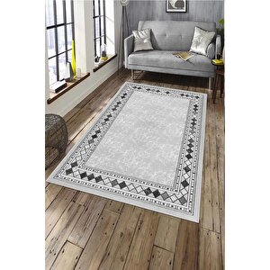 Makinede Yıkanabilir Leke Tutmaz  gri Deko Deri Kaymaz Taban Etnik Çerçeve Salon Saçaksız Halı A296 80x300 cm