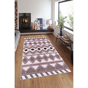 Makinede Yıkanabilir Leke Tutmaz  pembe Deko Deri Kaymaz Taban Etnik Salon Saçaksız Halı A274 80x300 cm
