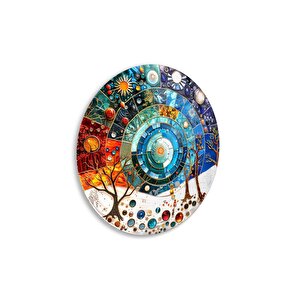 Mevsimler Soyut Yuvarlak Cam Tablo | Hediyelik, Dekoratif, Ofis, Mutfak 30x30 cm