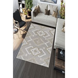 Makinede Yıkanabilir Leke Tutmaz  vizon Deko Deri Kaymaz Taban Etnik Salon Saçaksız Halı A290