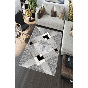 Makinede Yıkanabilir Leke Tutmaz  gri Deko Deri Kaymaz Taban Simetrik Salon Saçaksız Halı A242