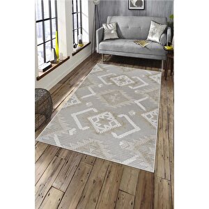 Makinede Yıkanabilir Leke Tutmaz  vizon Deko Deri Kaymaz Taban Etnik Salon Saçaksız Halı A290 80x300 cm