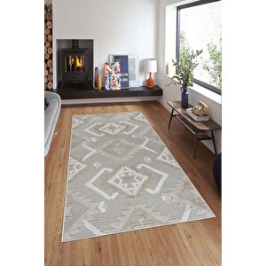 Makinede Yıkanabilir Leke Tutmaz  vizon Deko Deri Kaymaz Taban Etnik Salon Saçaksız Halı A290 80x300 cm