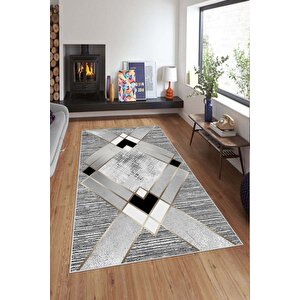 Makinede Yıkanabilir Leke Tutmaz  gri Deko Deri Kaymaz Taban Simetrik Salon Saçaksız Halı A242 80x300 cm