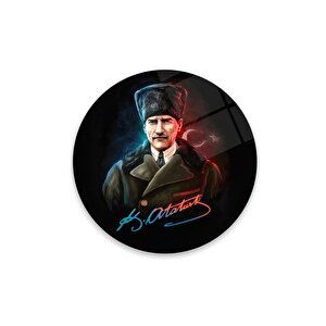 Atatürk Yuvarlak Cam Tablo | Hediyelik, Dekoratif, Ofis, Mutfak 30x30 cm