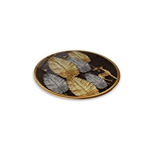 Gold Yapraklar Yuvarlak Cam Tablo | Hediyelik, Dekoratif, Ofis, Mutfak