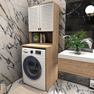 Banyo Dolabı Çamaşır Makinesi Dolabı Luxe Ahşap-beyaz Sepet - Beyaz