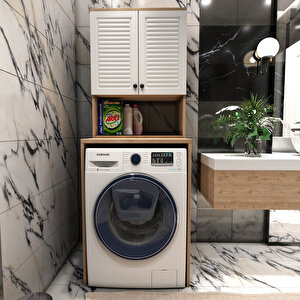 Banyo Dolabı Çamaşır Makinesi Dolabı Luxe Ahşap-beyaz Sepet - Beyaz