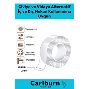 Deluxe Ultra Süper Güçlü Yüksek Mukavemetli Nano Teknolojili Çift Taraflı Şeffaf 1 Mt Bant 1 Adet