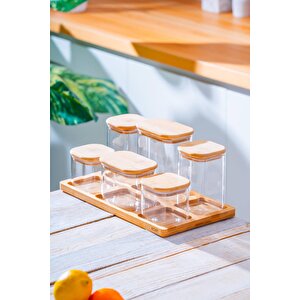 Malibu Bambu Standlı 6 Lı Borosilikat Cam Baharatlık Seti