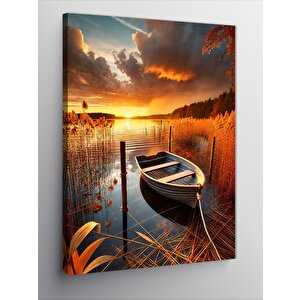 Kanvas Tablo Gün Batımında Göl Ve Kayık 70x100 cm