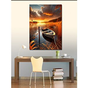 Kanvas Tablo Gün Batımında Göl Ve Kayık 100x140 cm