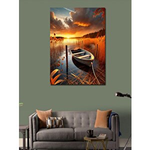 Kanvas Tablo Gün Batımında Göl Ve Kayık 100x140 cm