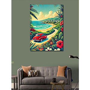 Kanvas Tablo Sahilde Kırmızı Araba 100x140 cm